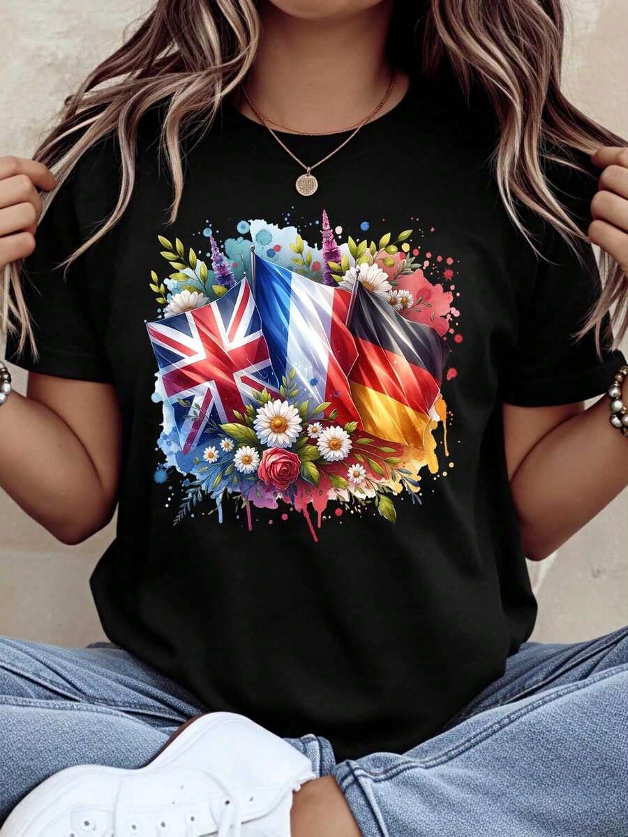 Women's Floral Print T-Shirt With UK, France, And German Flags, Casual Summer Top, International Travel Gift, R - 黑色 - 查看 1