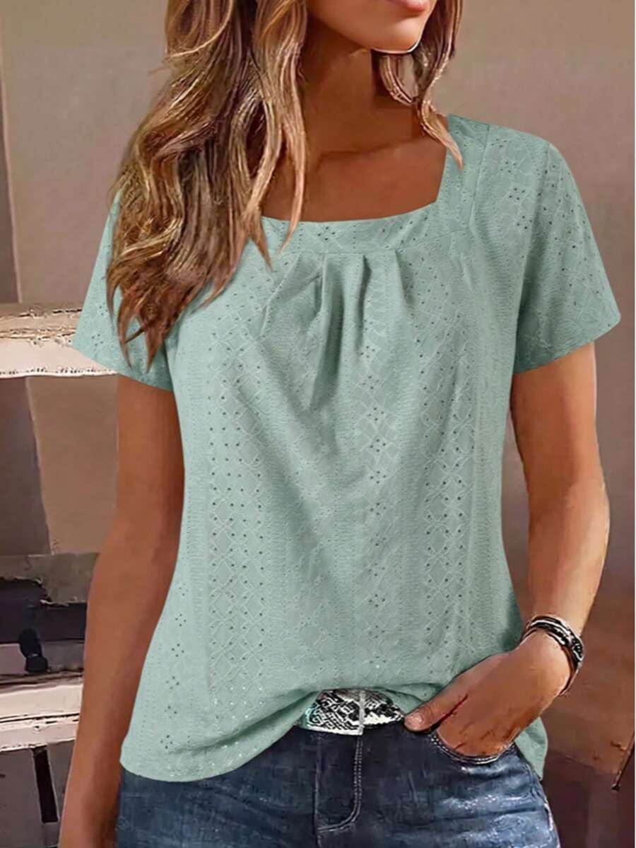 Embroidery Square Neck T-Shirt, Casual Short Sleeve Front Pleat Top, Elegant Women Clothing For Spring And Summer - Bean Green - View 1