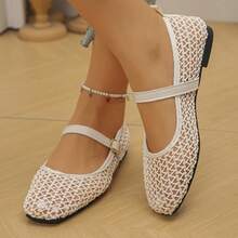 Wide Fit Women's Hollowed Out Mesh Buckle Flat Shoes Elegant Style Spring And Summer Daily Commuting Beige Ballet Flat Shoes Mesh Shoes Women - Beige Mesh Bottom - Beige Openwork Mesh - View 8