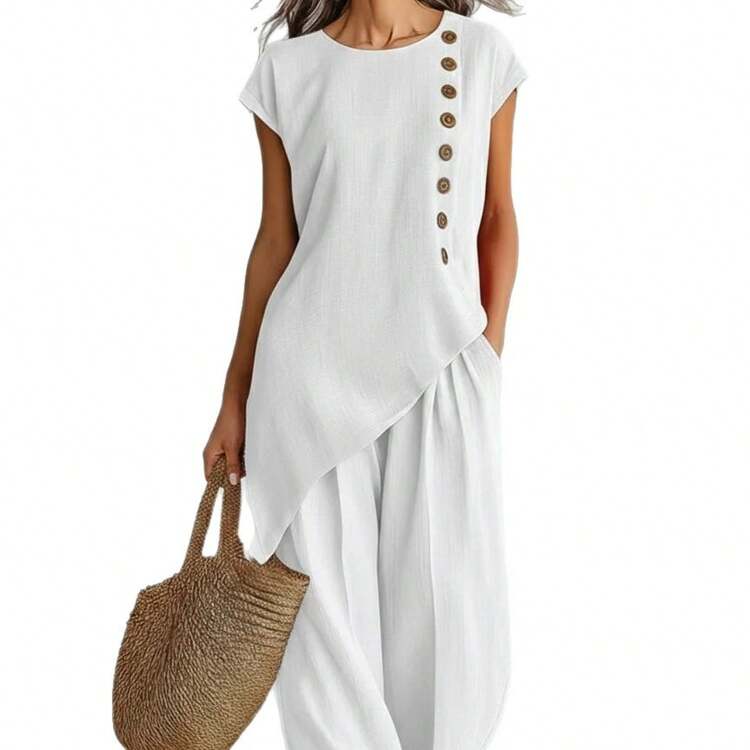 Conjunto bohemio informal cómodo, blusa cuello redondo manga corta con botones y pantalones anchos suaves - Burdeos - Añade 5