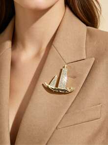 Light Luxury Rhinestone Sailboat Brooch, Gold-Plated Zinc Alloy Lapel Pin, Formal Wedding Suit Decorative Accessory - Gold - View 6