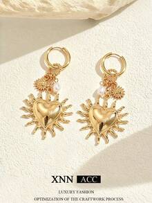 1 Pair Fashion Minimalist Heart Pendant Earrings, Personalized Sunflower Smiling Face Ear Jewelry, Suitable For Women's Daily Wear, Banquet, Party, Mother's Day Gift - Gold - View 3