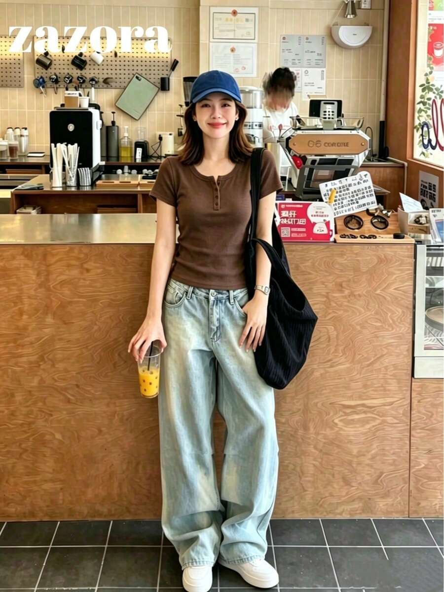 女款純白色短袖T恤，標準肩寬，圓領，修身顯瘦，彈性輕盈舒適，微透，百搭夏季上衣 - 咖色 - 查看 1