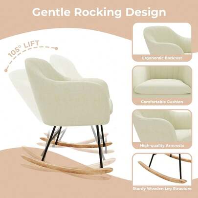 Nursery Rocking Chair, Upholstered Chenille Glider Rocker Chair, Modern Armchair With Wood Legs, Indoor Comfy Accent Chair Nursing Chairs Holds Up To 350 LBS For Living Room, Bedroom, Beige