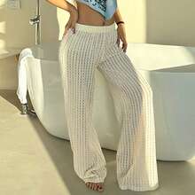 Pantalones de punto estilo casual de vacaciones para playa, pantalones largos básicos minimalistas holgados y transparentes sexy para uso diario en verano - blanquecino - Ver 3
