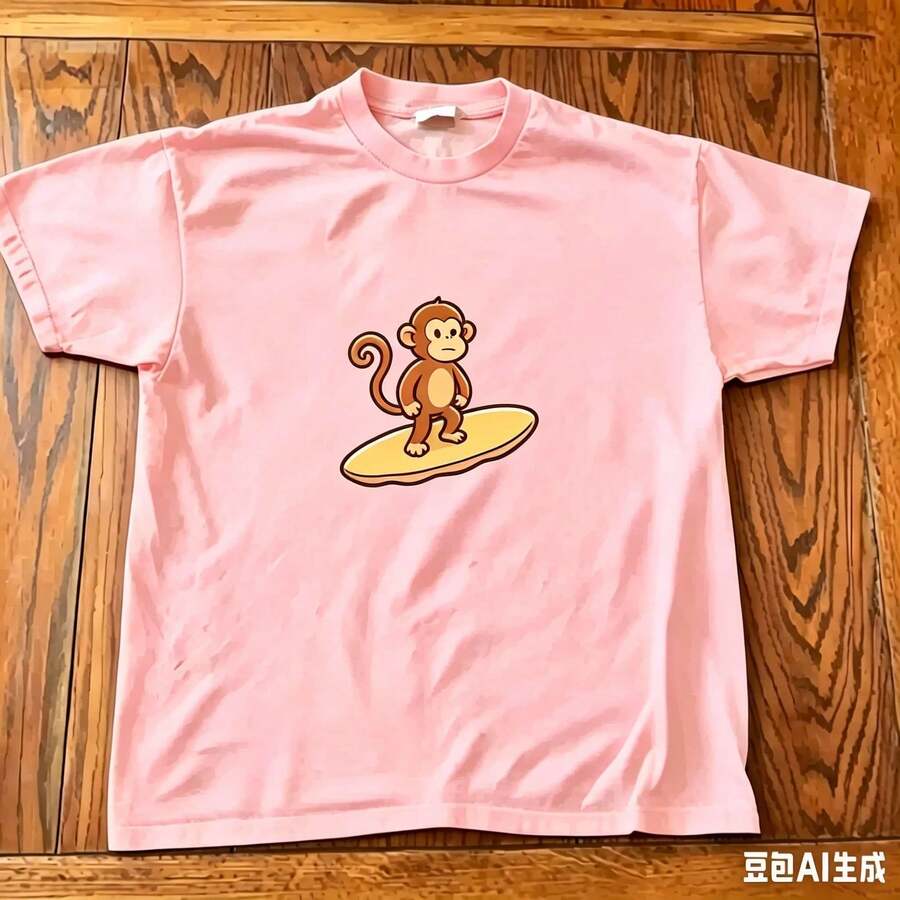 2026 Summer New Arrival [100% Cotton][Graphic Tee] Surfing Graphic T-Shirt – Tee, Cute Cartoon Monkey Shirt, Unisex Casual Streetwear Top,T-Shirt - 淺粉色 - 查看 1