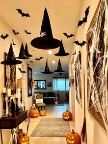 6/12pcs Halloween Floating Witch Hat, Suitable For Devil's Night Party, Dinner Party, Ball, Bar, Living Room, Bedroom, Restaurant Ceiling Background Wall, Halloween Day Of The Dead Horror Scene DIY Activity Decoration, Simple Home Creative Atmosphere Arrangement, - Black - View 1