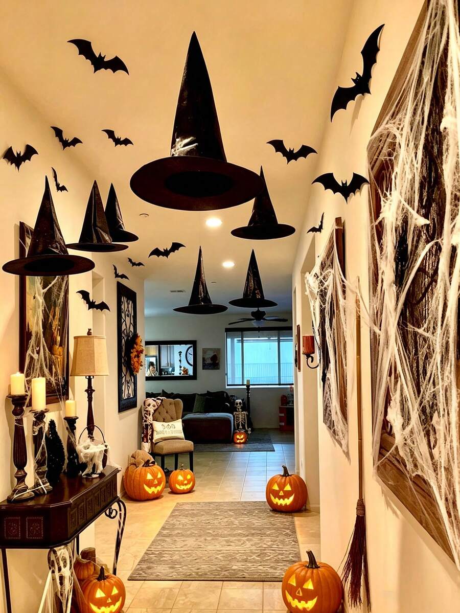 6/12pcs Halloween Floating Witch Hat, Suitable For Devil's Night Party, Dinner Party, Ball, Bar, Living Room, Bedroom, Restaurant Ceiling Background Wall, Halloween Day Of The Dead Horror Scene DIY Activity Decoration, Simple Home Creative Atmosphere Arrangement, - Black - View 1