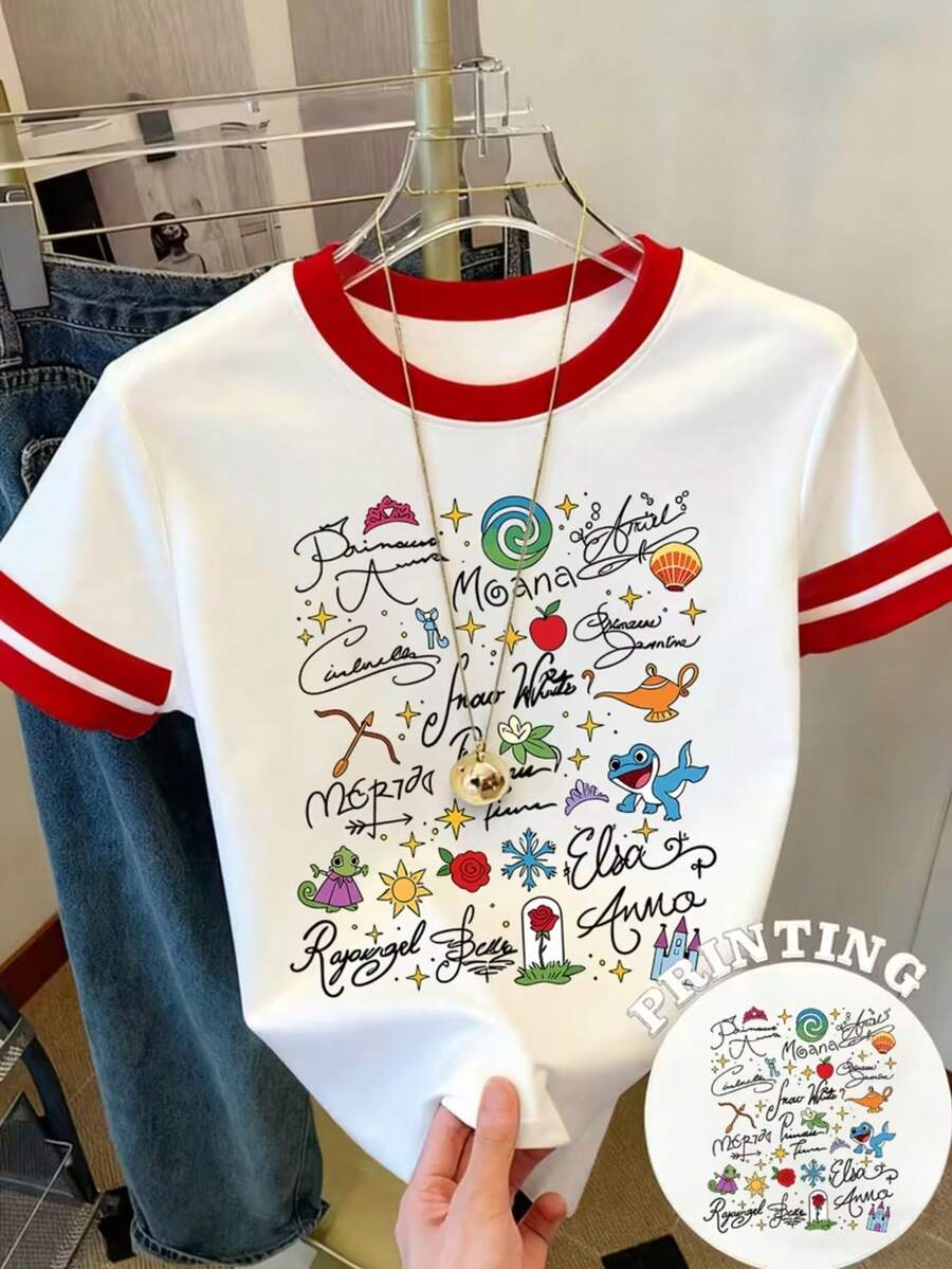 Disney Authorized Ladies Y2K Color Matching Summer T-Shirt-Breathable T-Shirt With Disney Princess Design. - White - View 1