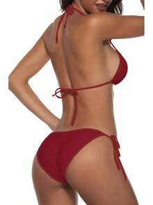 Women Two Piece Swimsuit Sexy Swimwear Halter String Triangle Bikini Sets - 酒紅色 - 查看 3