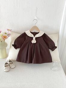 Miniweenns 1 buah Gaun Bayi Perempuan Gaya Kuliah dengan Hiasan Ruffle dan Pita, Model Putri Vintage, Lengan Panjang, Musim Semi/Gugur untuk Kembali ke Sekolah - Coffee Brown - View 7