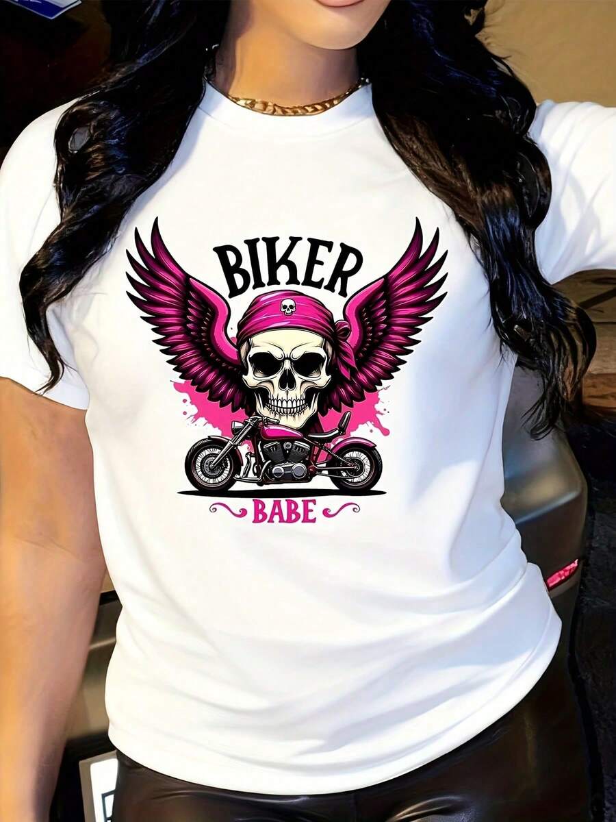 2026 Women's Shirts Women's White T-Shirt With Pink Wings And Biker Skull Graphic - Bold Biker Girl Design, Soft Crew Neck T-Shirt For Halloween, F - 白色 - 查看 1