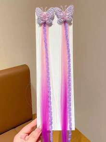 2pcs Girls Cute Embroidered Butterfly Gradient Color Ponytail Hair Extensions Hair Clips - Multicolor - View 11