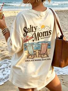 女款寬鬆印花T恤，Salty Moms Beach Club印花T恤，休閒夏季海灘度假上衣，標語T恤 - 杏色 - 查看 1