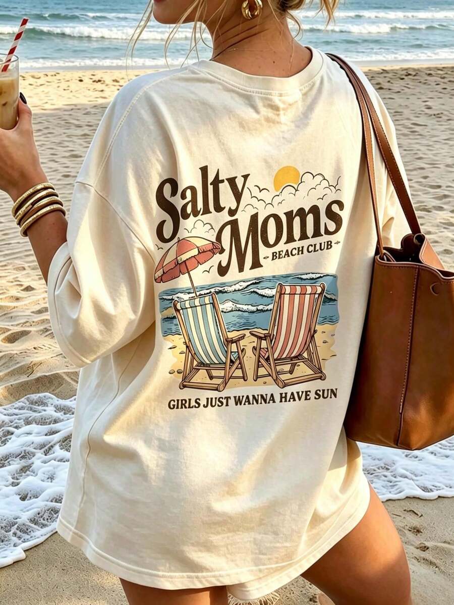 女款寬鬆印花T恤,Salty Moms Beach Club印花T恤,休閒夏季海灘度假上衣,標語T恤 - 杏色 - 查看 1