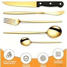 IMLUCKY Juego de Cubiertos Forados con Cuchillo Carne: 25-Piezas Tenedores y cucharas para 5 - Acero inoxidable y Apto para Lavavajillas - Uso en el Hogar y en Fiestas - Regalo para Madres y Familias - Dorado - Ver 3