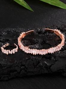 rakol 2pcs Fashion Cubic Zirconia Asymmetrical Square Decor Rose Gold Open Ring & Bracelet Set - Rose Gold - View 4