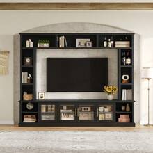 Entertainment Center Wall Unit For TVs Up To 80" All-In-One Modern TV Stand With Bookshelves And Tempered Glass Doors TV Console Unit With Shelving For Living Room Entertainment - 黑色 + MDF1 - 查看 3