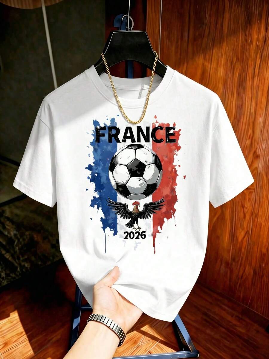 2026 France World Cup Pattern Men's Loose Drop Shoulder Football Rooster Print T-Shirt - White - View 1