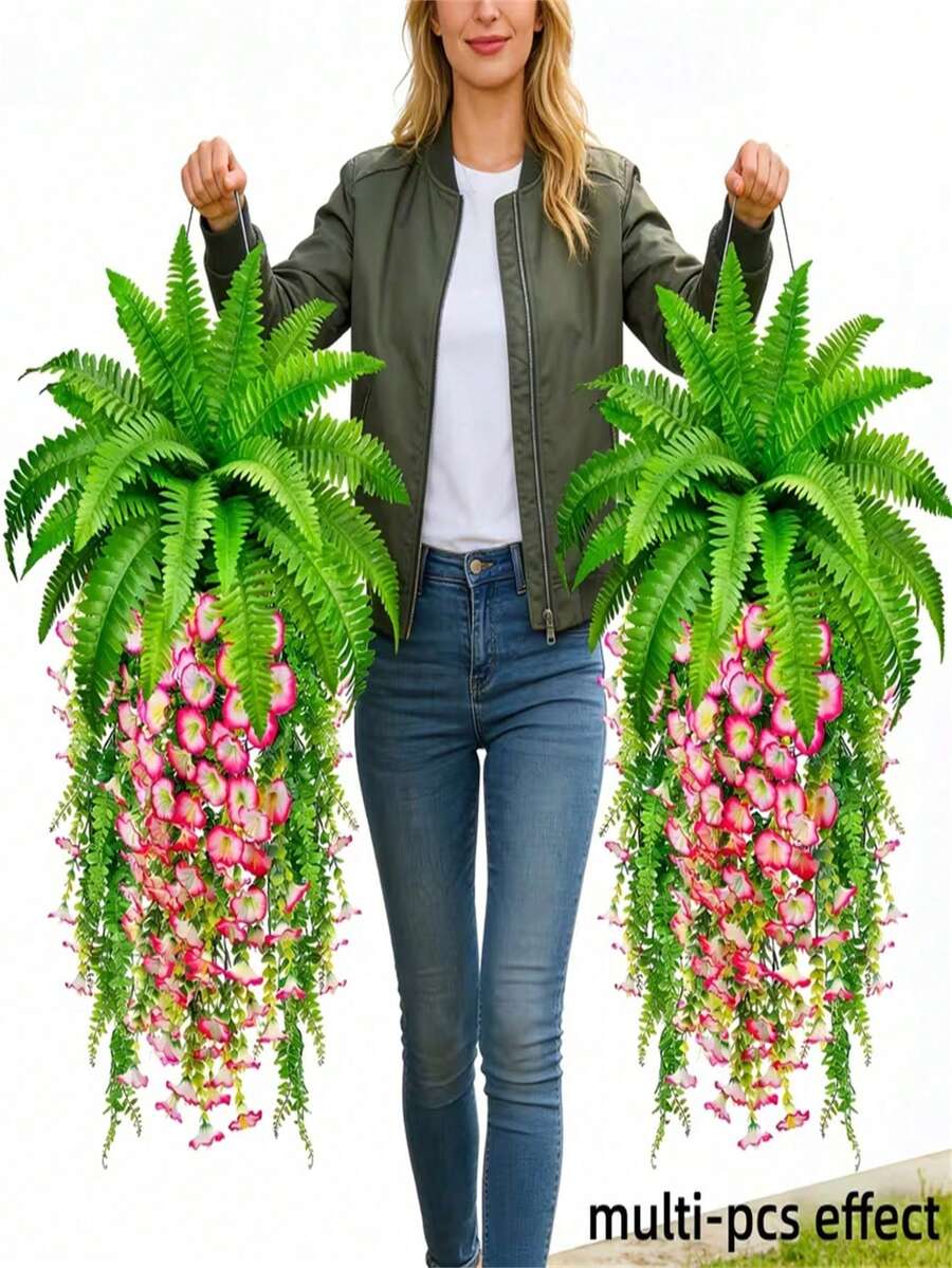 人造吊掛蕨類與花卉植物套組 - DIY 50cm/76cm 仿真綠植，適用於居家花園露台裝飾 (4件組)