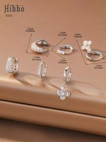 Hihho 6 Stücke/Set Zirkonia Stein Ohrringe Set, Blumen- & Herz-Designs, süßer & lebendiger Stil, beinhaltet Kleeblatt, Cut Out Pavé, minimalistischer Creolen und Kleeblatt Anhänger Stile, dichte Zirkonia Einbettung mit glänzender Oberfläche, geeignet für den täglichen Gebrauch, den Arbeitsweg und leichte gesellige Anlässe - Silber - Übersicht 10
