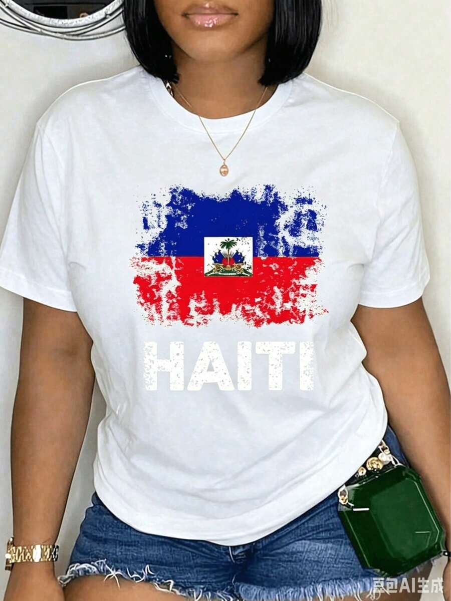 Women's T-Shirt, 100% Cotton T-Shirt With Haitian Flag For Men, Women And Children, Patriotic T-Shirt With Haitian Flag, Unisex, Classic, Comfortable, Crew Neck And Plus Size - 白色 - 查看 1