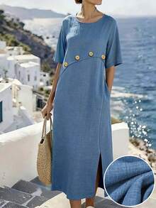 Plus Size Women's Bohemian Style Casual Midi Dress, Slit Hem Design, Suitable For Brunch Outfit, Spring/Summer Elegant - Blue - View 2