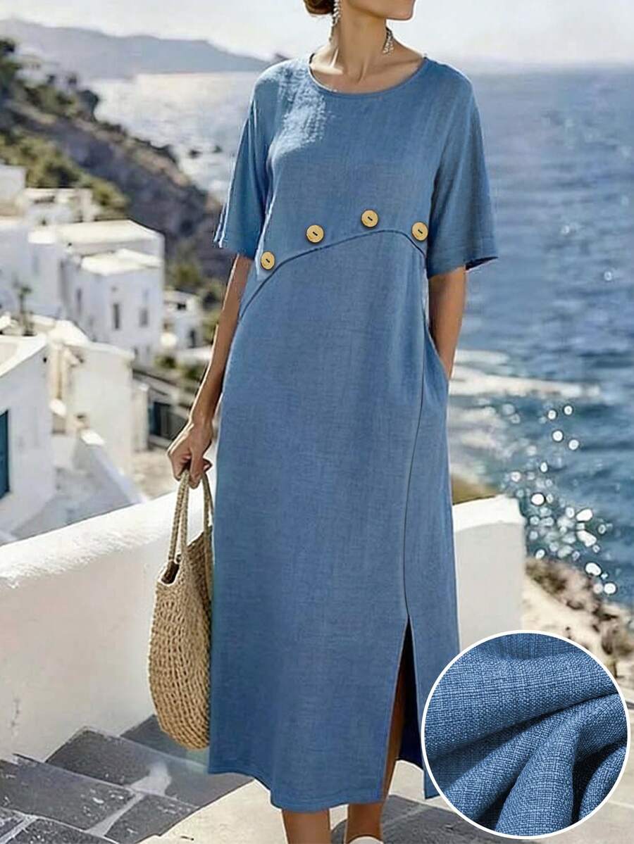 Plus Size Women's Bohemian Style Casual Midi Dress, Slit Hem Design, Suitable For Brunch Outfit, Spring/Summer Elegant