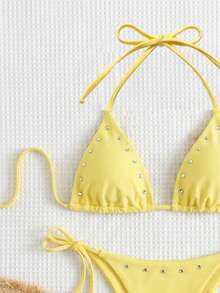 Summer New Lemon Yellow Ribbed Triangle Cup Tie Bikini Sexy Hot Girl Beach Party Vacation 2 Pieces Two-Piece Swimsuit - Yellow - View 4