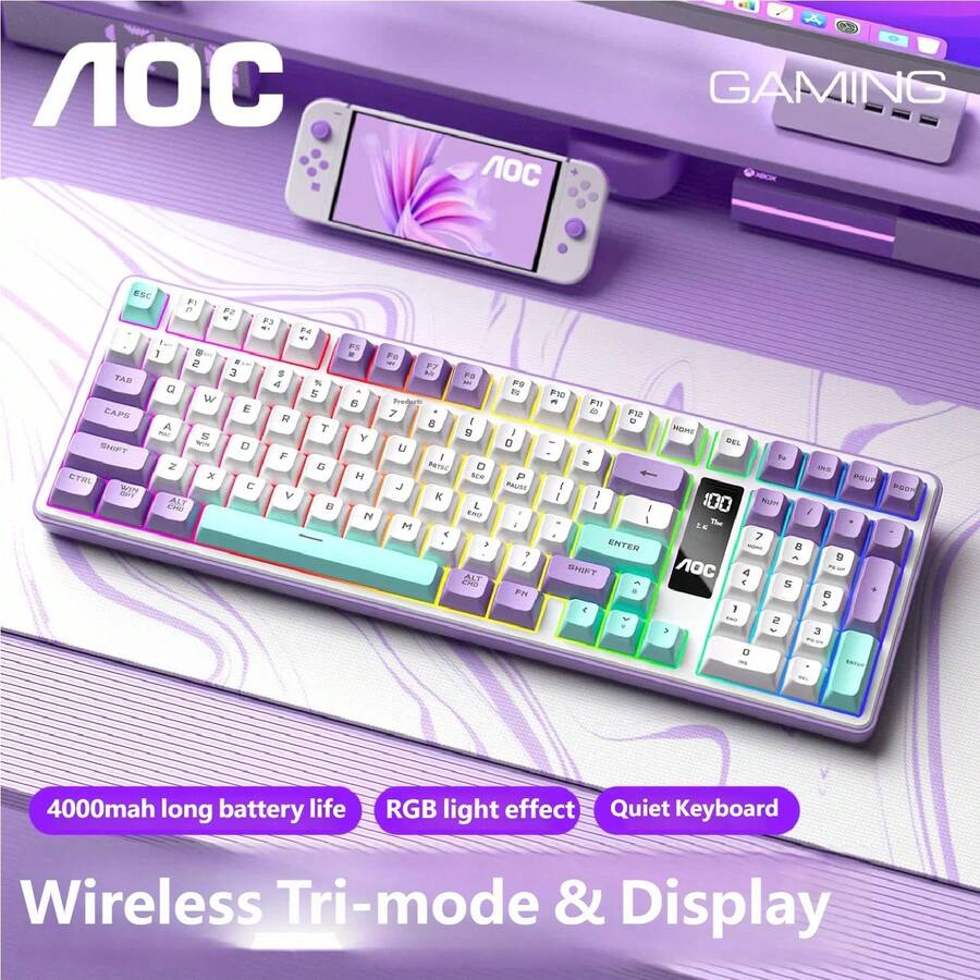 Keyboard AOC Warna-warni dengan Layar, Nirkabel Bluetooth Berkabel, Tiga Mode, Keyboard Gaming, Sensasi Mekanik, Keyboard Komputer untuk PC, Mac, Laptop, 99 Tombol - View 1