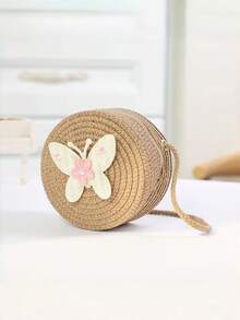 1pc New Style Children's Straw Woven Cute Flower Coin Purse Crossbody Small Round Bag - Butterfly - View 4