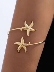 1 pieza Brazalete de estrella de mar y concha para vacaciones de verano, adecuado para que las mujeres lo usen durante viajes a la playa - Dorado - Ver 2