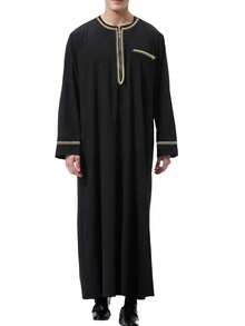 Men Contrast Trimmed Half Zip Longline Shirt - Black - View 7