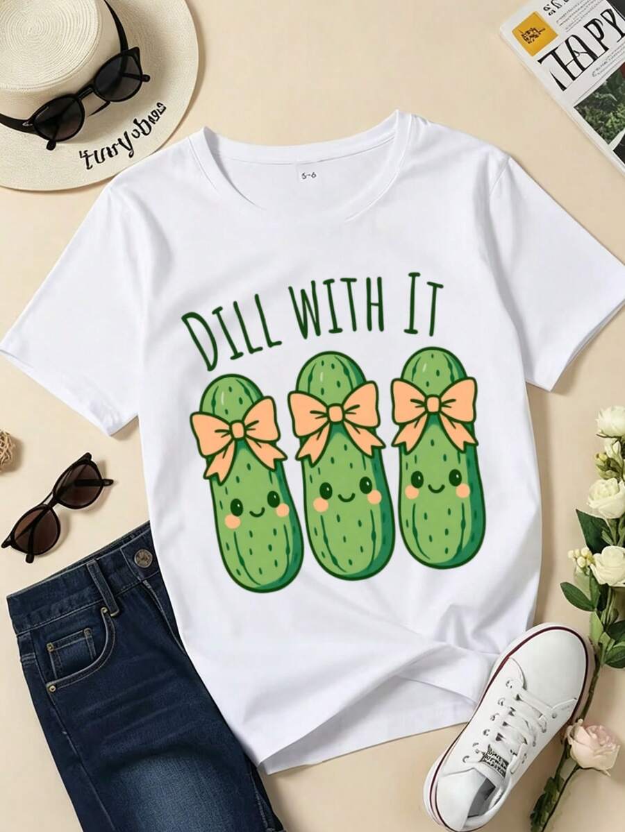 Girls' Summer Short-Sleeve T-Shirt, Fitted T-Shirt, Cotton Knit Fabric, Fashionable Street Style,Featuring A Cute Cartoon Print - White - View 1