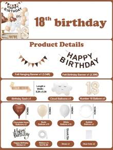 18th Birthday Cream Balloons Decor Birthday Decorations For Women Girl Beige Brown White Sand Foil Star Heart Balloon Decor, Birthday Sash Bobo Balloons For Birthday Anniversary Party Decoration Supplies Room Decor - 18歲生日 - 查看 12