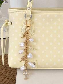 1pc Fashionable Elegant White Asymmetrical Pearl Cross Heart Flower Pendant Charm, Suitable For Daily Decoration Of Bags And Car Keychains - White - View 4