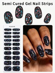 20Pcs Colorful Glitter Semi-Cured Gel Nail Strips,Black Pearl Starry Sky Self-Adhesive Gel Nail Stickers, Salon Quality, Easy To Apply, Perfect For Parties And Music Festivals DIY Nail Art - Black - View 13