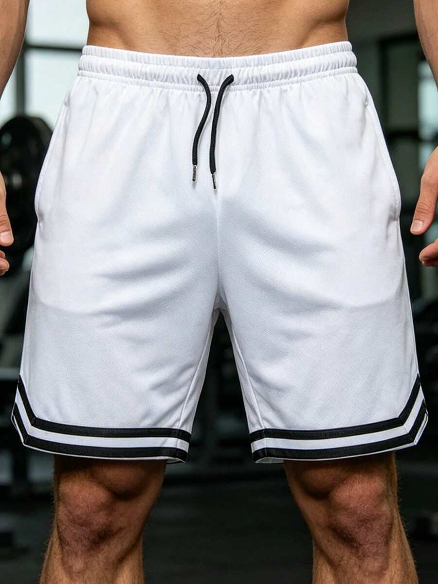 1件男友風男士夏季跑步健身運動慢跑籃球足球對比色運動短褲 - 白色 - 查看 1