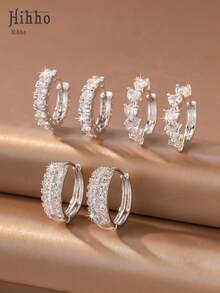Hihho 6pcs/Set Zirconia Stone Earring Set, Floral & Heart Designs, Sweet & Lively Style, Includes Clover, Hollow Pave, Minimalist Hoop, And Clover Pendant Styles, Suitable For Daily, Work, And Light Social Occasions - Silver - View 7
