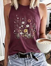Women Sleeveless Tank Top, Vintage Wildflower Print, Racerback Loose Fit, Soft Cotton Mid-Length Vest; Boho, Daily/Vacation/Layering Casual Wear - 玫紅色 - 查看 7