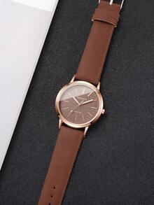 Women's Leather Strap Fashion Minimalist Dial Classic Elegant Quartz Watch + Heart Bracelet (2pcs/Set) Watch Box Not Included - Brown - View 9