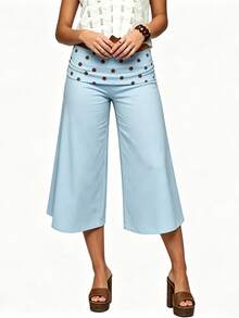 Women 's Fold Over Lounge Capris Wide Leg Low Rise Cropped Gaucho Pants Solid Color Flowy Pajama Bottom - 天藍色 - 查看 6