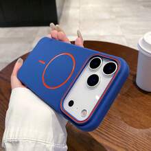 Dual-Tone Contrast Orange Line MagSafe Phone Case, Matte Silicone Frame Shockproof Protective Cover, Large Opening Camera Window Oil-Drip Design, Compatible With IPhone 17 16 15 14 13 Pro Max 12 Pro Max Wireless Charging Case, Holiday Gift - Blue - View 4