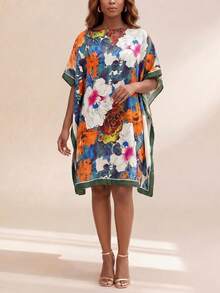 1件裝仿絲優雅花卉印花套頭披肩，輕盈時尚百搭防曬外套，緞面寬鬆版型沙灘披巾，適合日常裝飾造型 - 彩色 - 查看 2