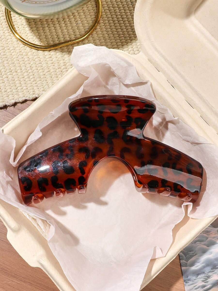 1件裝棕色琥珀豹紋亮面拱形不對稱PC材質加強加厚13CM大號髮夾,適用後腦勺盤髮、半紮髮、高頂馬尾,經典時尚街頭通勤百搭日常髮飾 - 彩色 - 查看 1