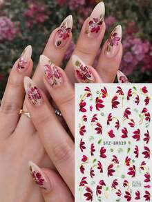 FULL BEAUTY 2pcs Burgundy Flower Vines Leaf Nail Art Stickers Red Elegant Watercolor Floral Petal With Gold Line Spring Summer Nail Decals Wedding Nail Supplies Nail Charms Decorations - Multicolor - View 6