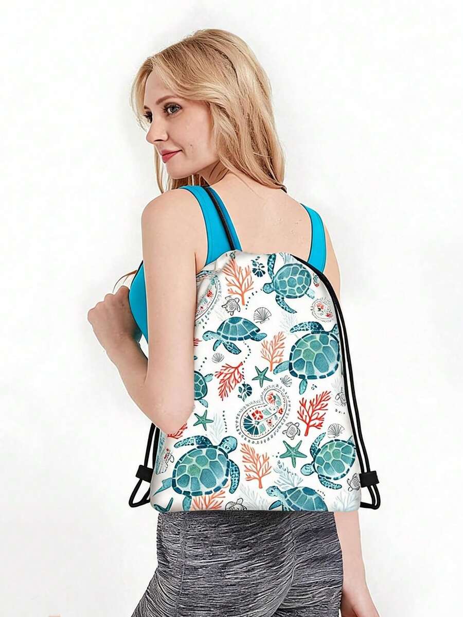 Schildkröten-Kordelzug-Rucksack, Sommer-Tasche Strandtasche Sporttasche, Reise-Essentials für Frauen, Camping Wandern Schultasche, Sport-Rucksack - Verschiedenfarbig - Übersicht 1