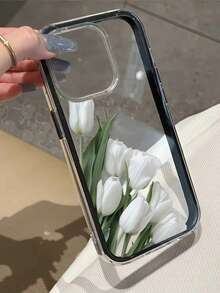 1pc Creative White Tulip Aesthetic Pattern 2-In-1 Black Frame Transparent Full Coverage Shockproof TPU Fashion Phone Case Compatible With Apple 11 12 13 14 15 16 17 Pro Max/Plus Shock-Absorbing Protective Cover - Multicolor - View 3