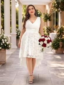 Vestido Plus Size Noiva Branco Festa 92 Renda Civil branco Casamento - Branco - Visão 2