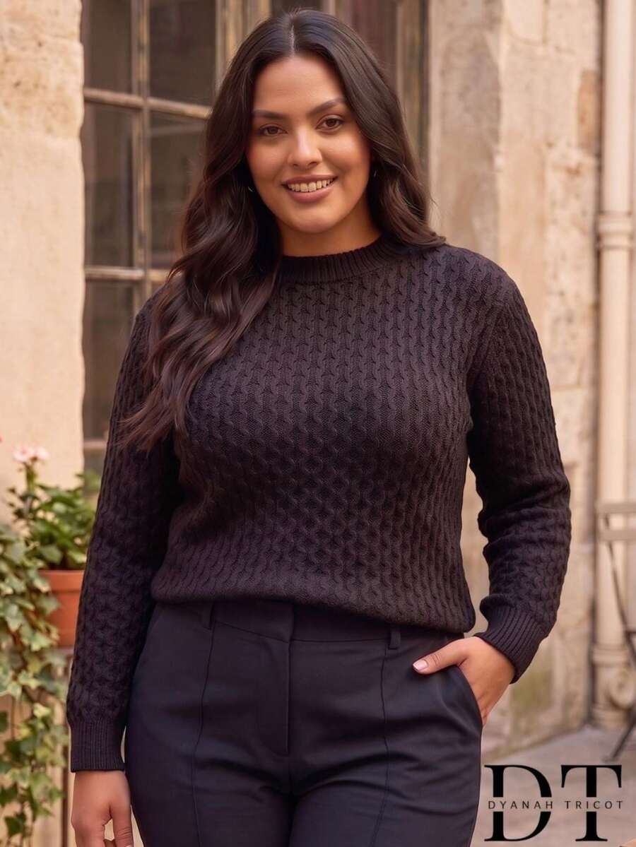 Women's Plus Size Elegant Long Sleeve Ribbed Knit Sweater - Winter Fashion - Black - View 1